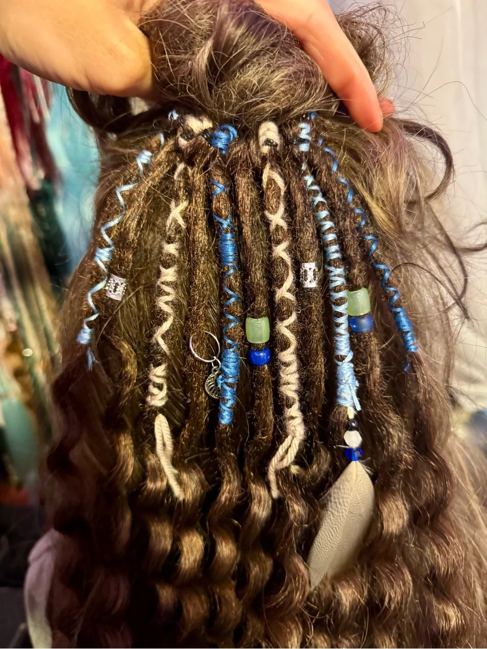 Boho Curly Brown Hair Extensions with Blue Bead Accents